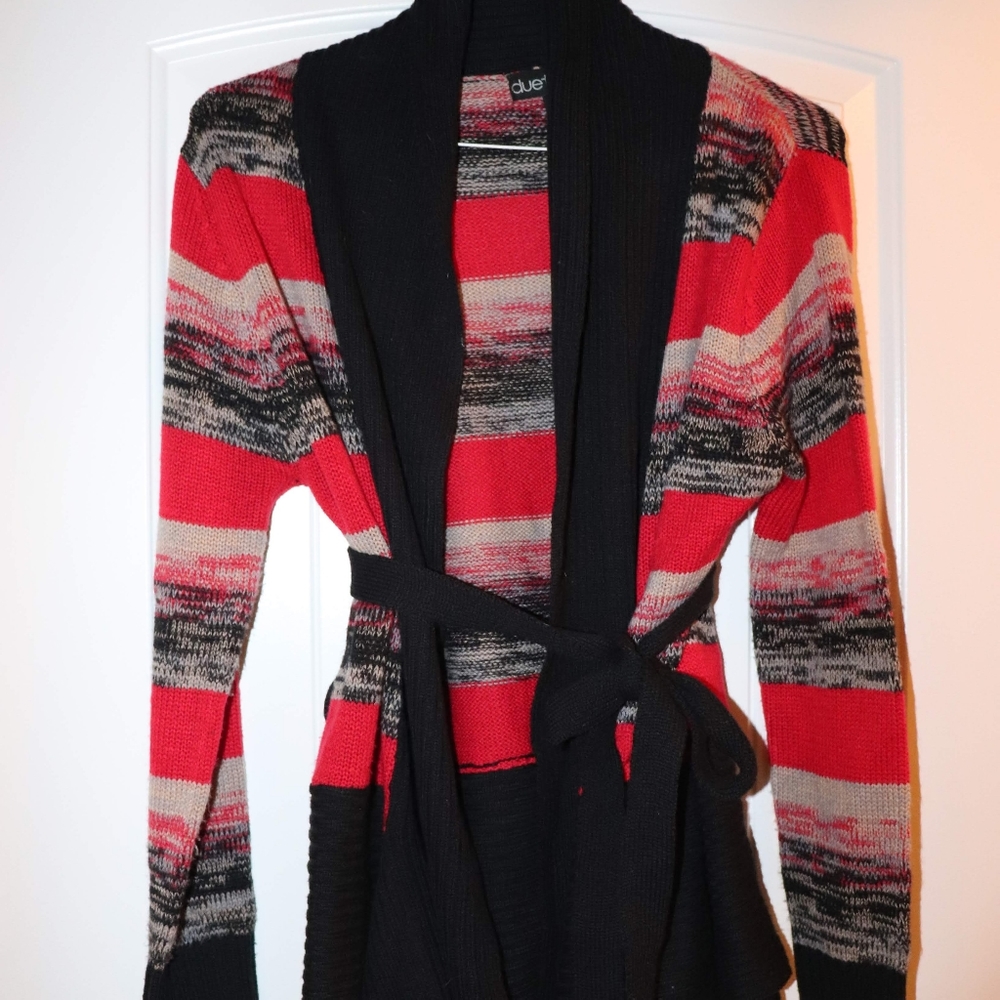 Red, black, and tan Knit sweater with belt
